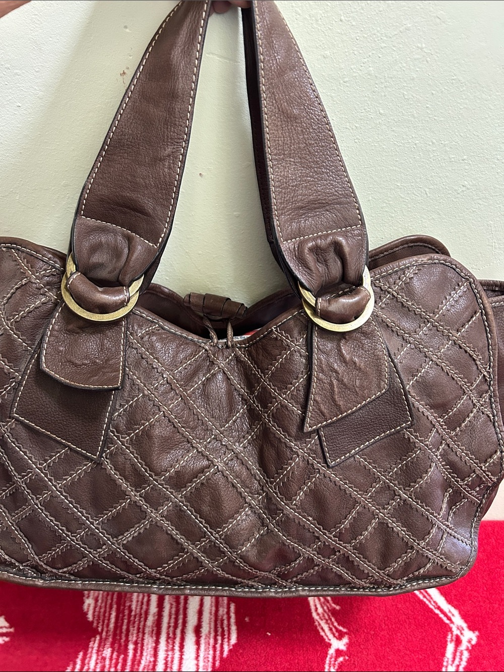 Quilted Brown Leather Tote Bag with Gold Accents